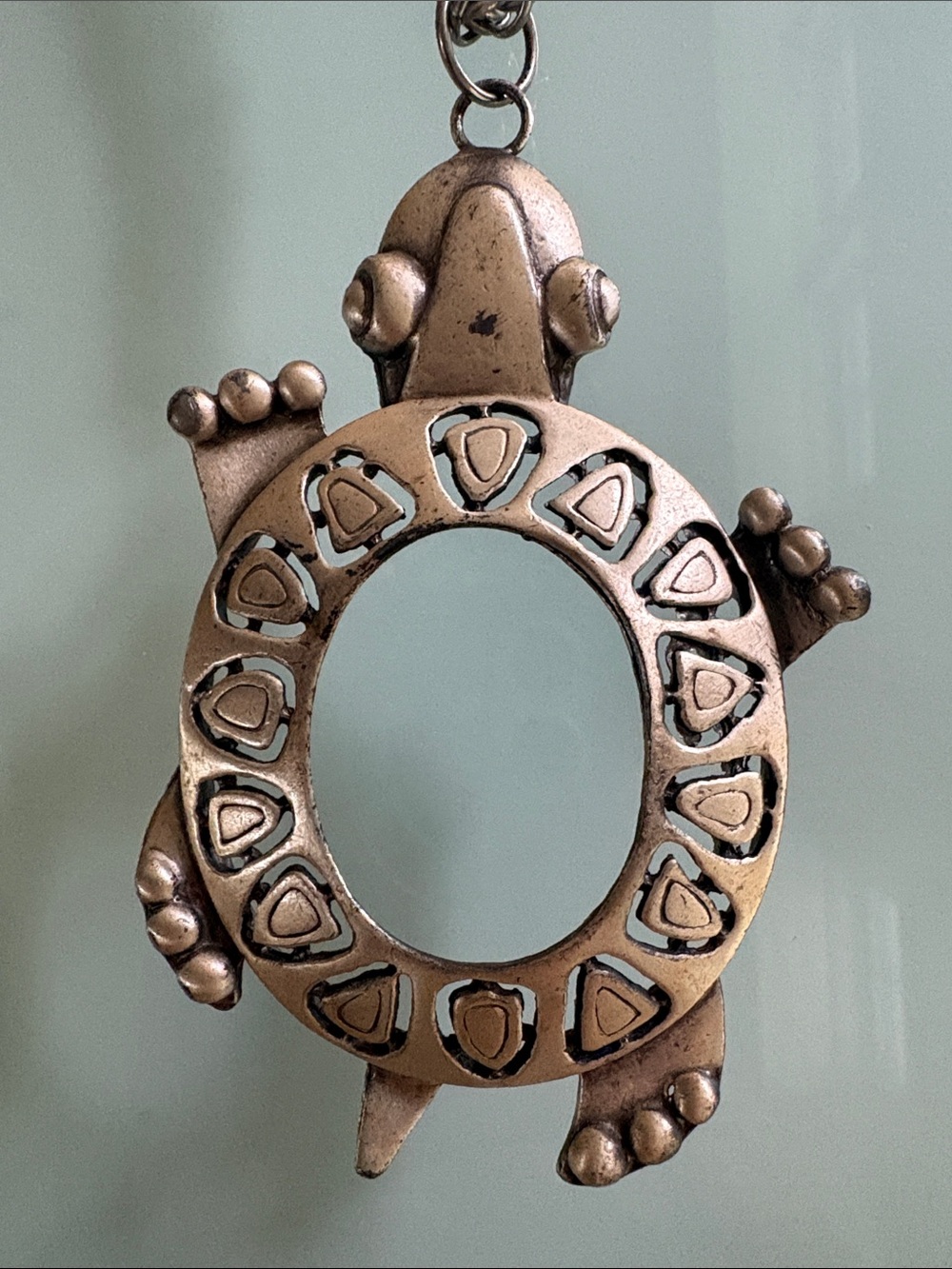 VTG MONET Rare Silver Metal Large Turtle Pendant Necklace, extra long link chain